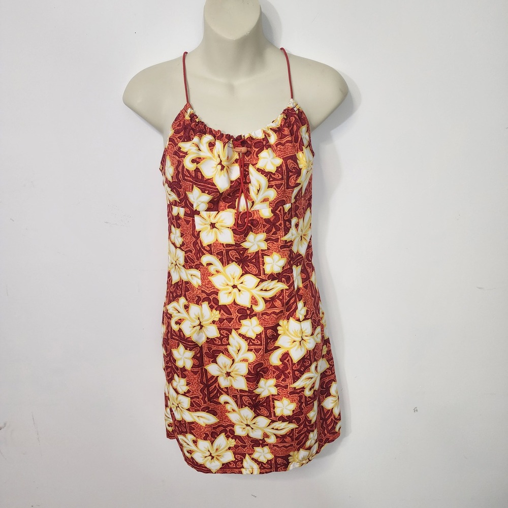 VTG Y2K Miken Hawaiian Floral Mini Dress Red Yellow Bungee Strap USA made Small - Picture 2 of 10